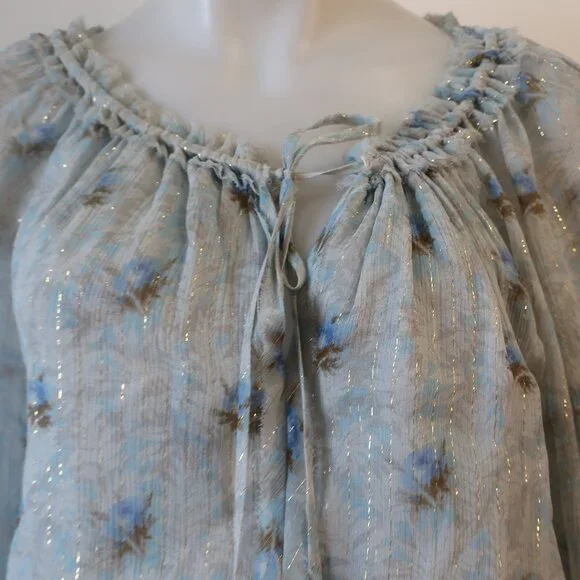 Womens LoveShackFancy Pale Blue Metallic Gold Silk Floral Mini Popover Dress XS - Picture 3 of 15